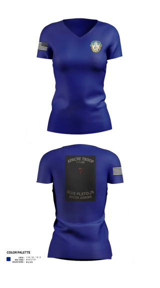 Womens Short Sleeve Vneck Shirt, 1-7 Cavlary Division Apache Troop Blue Platoon Recon Junkies, Army, Teamtime, Team time, sublimation, custom sports apparel, team uniforms, spirit wear, spiritwear, sports uniforms, custom shirts, team store, custom team store, fundraiser sports, apparel fundraiser