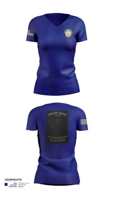 1-7 Cavlary Division Apache Troop Blue Platoon Recon Junkies Women's Short Sleeve V-neck Shirt - 22