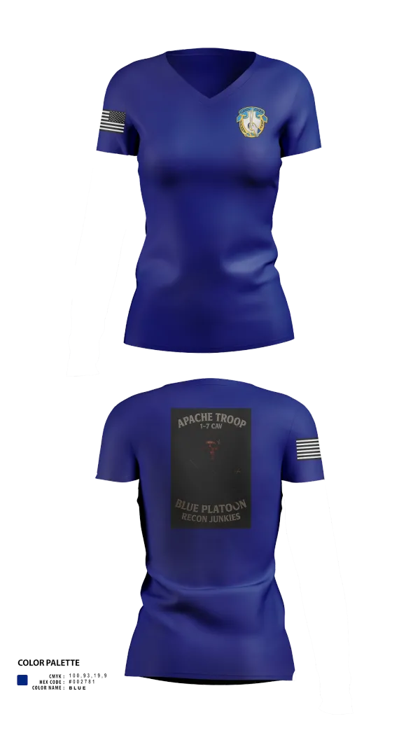 Womens Short Sleeve Vneck Shirt, 1-7 Cavlary Division Apache Troop Blue Platoon Recon Junkies, Army, Teamtime, Team time, sublimation, custom sports apparel, team uniforms, spirit wear, spiritwear, sports uniforms, custom shirts, team store, custom team store, fundraiser sports, apparel fundraiser