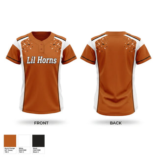 Two Button Softball Jersey, Lil’ Horns, Softball, Teamtime, Team time, sublimation, custom sports apparel, team uniforms, spirit wear, spiritwear, sports uniforms, custom shirts, team store, custom team store, fundraiser sports, apparel fundraiser