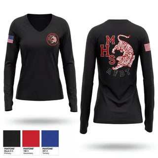 Womens Long Sleeve Vneck Shirt, MHS Armed Fancy Drill Team, Army, Teamtime, Team time, sublimation, custom sports apparel, team uniforms, spirit wear, spiritwear, sports uniforms, custom shirts, team store, custom team store, fundraiser sports, apparel fundraiser