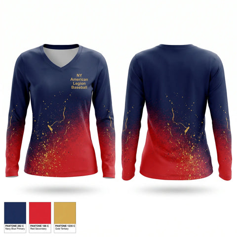 Womens Long Sleeve Vneck Shirt, NY American Legion Baseball, Baseball, Teamtime, Team time, sublimation, custom sports apparel, team uniforms, spirit wear, spiritwear, sports uniforms, custom shirts, team store, custom team store, fundraiser sports, apparel fundraiser