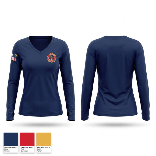 Womens Long Sleeve Vneck Shirt, Elfrida Fire DIstrict, Fire Department, Teamtime, Team time, sublimation, custom sports apparel, team uniforms, spirit wear, spiritwear, sports uniforms, custom shirts, team store, custom team store, fundraiser sports, apparel fundraiser