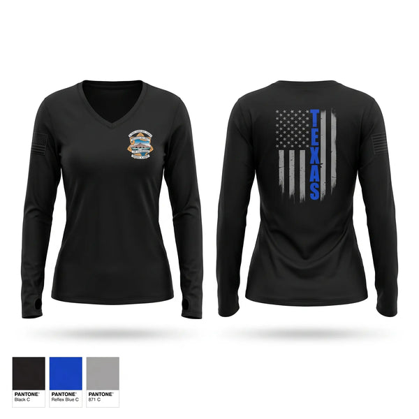 Womens Long Sleeve Vneck Shirt, El Paso Community College Law Enforcement Training Academy Class 105, Police, Teamtime, Team time, sublimation, custom sports apparel, team uniforms, spirit wear, spiritwear, sports uniforms, custom shirts, team store, custom team store, fundraiser sports, apparel fundraiser