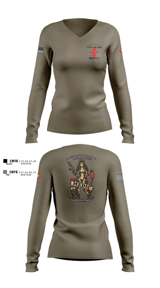 Womens Long Sleeve Vneck Shirt, 179 HHC Medics, National Guard, Teamtime, Team time, sublimation, custom sports apparel, team uniforms, spirit wear, spiritwear, sports uniforms, custom shirts, team store, custom team store, fundraiser sports, apparel fundraiser