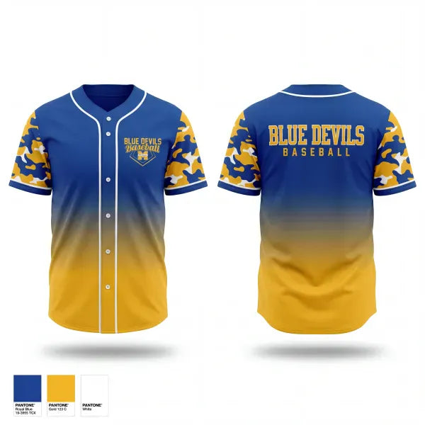 Full Button Baseball Jersey, Mathews Blue Devils, Baseball, Teamtime, Team time, sublimation, custom sports apparel, team uniforms, spirit wear, spiritwear, sports uniforms, custom shirts, team store, custom team store, fundraiser sports, apparel fundraiser