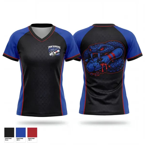 Womens Short Sleeve Vneck Shirt, Pin vipers, Bowling, Teamtime, Team time, sublimation, custom sports apparel, team uniforms, spirit wear, spiritwear, sports uniforms, custom shirts, team store, custom team store, fundraiser sports, apparel fundraiser