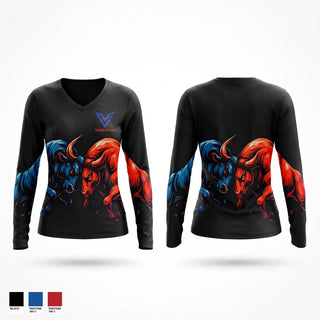 Womens Long Sleeve Vneck Shirt, Bulls In The Box, Spirit Store, Teamtime, Team time, sublimation, custom sports apparel, team uniforms, spirit wear, spiritwear, sports uniforms, custom shirts, team store, custom team store, fundraiser sports, apparel fundraiser