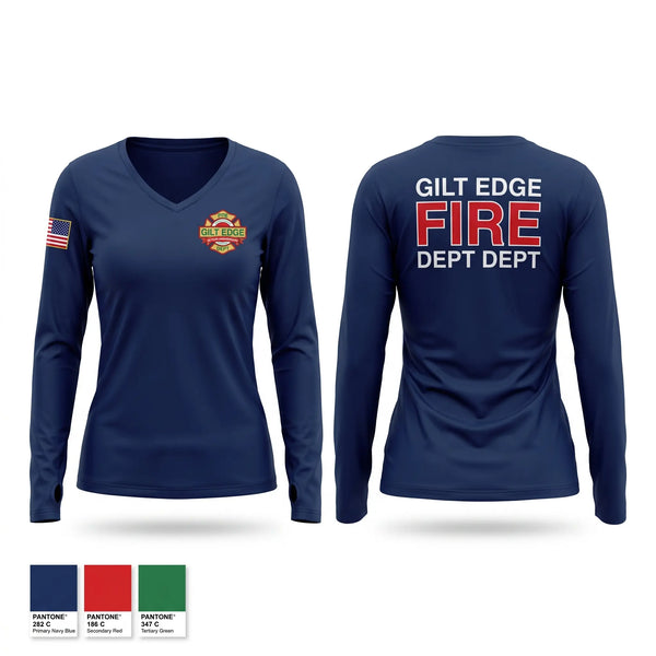 Womens Long Sleeve Vneck Shirt, Gilt Edge Fire Department, Fire Department, Teamtime, Team time, sublimation, custom sports apparel, team uniforms, spirit wear, spiritwear, sports uniforms, custom shirts, team store, custom team store, fundraiser sports, apparel fundraiser