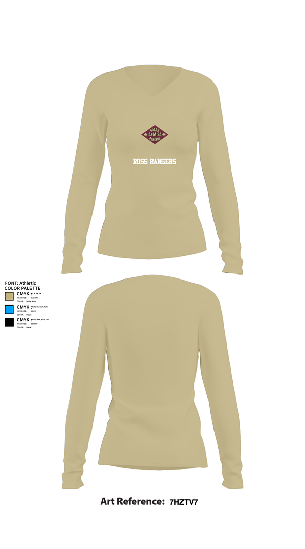 Womens Long Sleeve Vneck Shirt, Ross Rangers, Army, Teamtime, Team time, sublimation, custom sports apparel, team uniforms, spirit wear, spiritwear, sports uniforms, custom shirts, team store, custom team store, fundraiser sports, apparel fundraiser