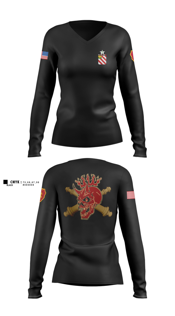 Womens Long Sleeve Vneck Shirt, C/1-8 FA, Army, Teamtime, Team time, sublimation, custom sports apparel, team uniforms, spirit wear, spiritwear, sports uniforms, custom shirts, team store, custom team store, fundraiser sports, apparel fundraiser