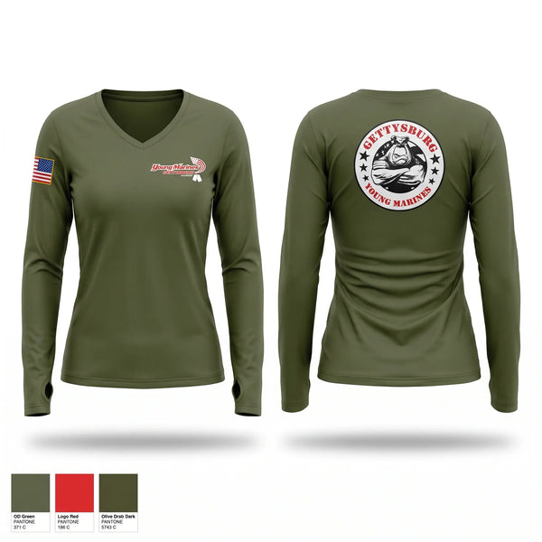 Womens Long Sleeve Vneck Shirt, Gettysburg Young Marines, Marines, Teamtime, Team time, sublimation, custom sports apparel, team uniforms, spirit wear, spiritwear, sports uniforms, custom shirts, team store, custom team store, fundraiser sports, apparel fundraiser