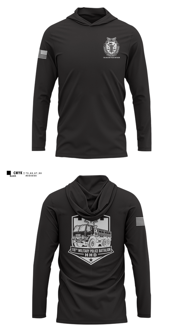 Long Sleeve Performance Shirt with hood, 118th Military Police Battalion, National Guard, Teamtime, Team time, sublimation, custom sports apparel, team uniforms, spirit wear, spiritwear, sports uniforms, custom shirts, team store, custom team store, fundraiser sports, apparel fundraiser