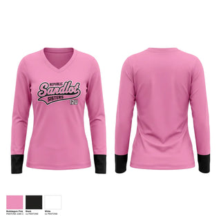 Womens Long Sleeve Vneck Shirt, Republic Sandlot Sisters, Softball, Teamtime, Team time, sublimation, custom sports apparel, team uniforms, spirit wear, spiritwear, sports uniforms, custom shirts, team store, custom team store, fundraiser sports, apparel fundraiser