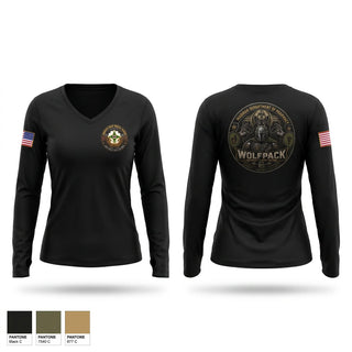 Womens Long Sleeve Vneck Shirt, Madigan Pharmacy Wolfpack, Army, Teamtime, Team time, sublimation, custom sports apparel, team uniforms, spirit wear, spiritwear, sports uniforms, custom shirts, team store, custom team store, fundraiser sports, apparel fundraiser