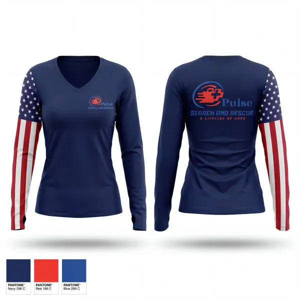 Womens Long Sleeve Vneck Shirt, Pulse, EMS/EMT, Teamtime, Team time, sublimation, custom sports apparel, team uniforms, spirit wear, spiritwear, sports uniforms, custom shirts, team store, custom team store, fundraiser sports, apparel fundraiser