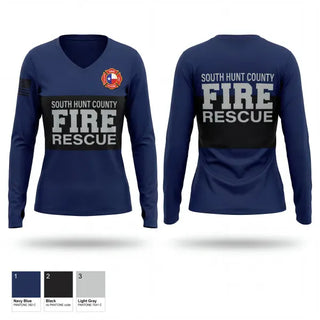 Womens Long Sleeve Vneck Shirt, South Hunt County Fire Rescue, Fire Department, Teamtime, Team time, sublimation, custom sports apparel, team uniforms, spirit wear, spiritwear, sports uniforms, custom shirts, team store, custom team store, fundraiser sports, apparel fundraiser