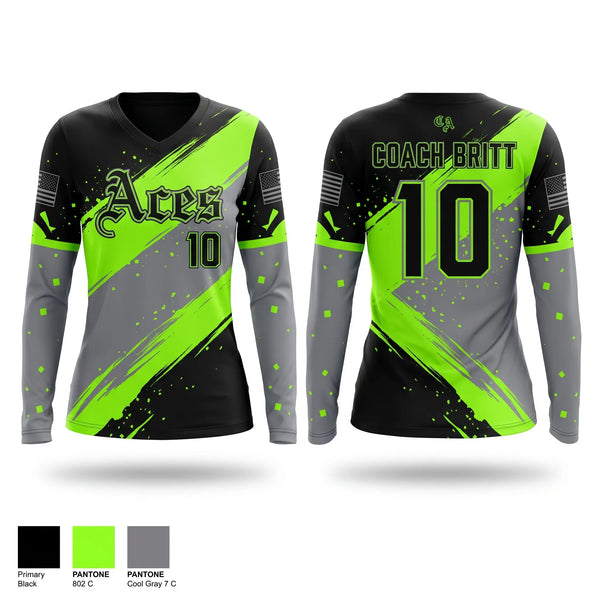 Womens Long Sleeve Vneck Shirt, Cosmo Aces, Baseball, Teamtime, Team time, sublimation, custom sports apparel, team uniforms, spirit wear, spiritwear, sports uniforms, custom shirts, team store, custom team store, fundraiser sports, apparel fundraiser