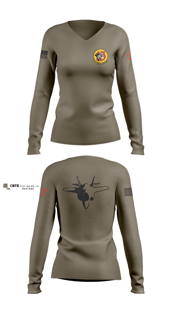 Womens Long Sleeve Vneck Shirt, 13th Fighter Squadron, Air Force, Teamtime, Team time, sublimation, custom sports apparel, team uniforms, spirit wear, spiritwear, sports uniforms, custom shirts, team store, custom team store, fundraiser sports, apparel fundraiser