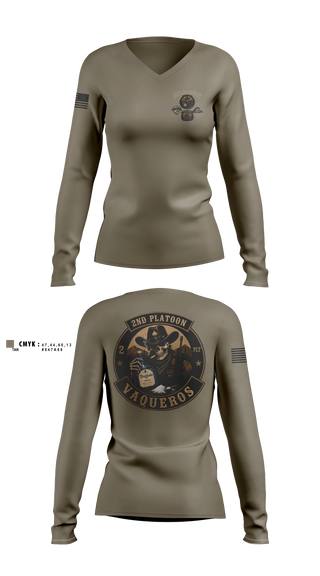 Womens Long Sleeve Vneck Shirt, 2nd Platoon Vaqueros, Army, Teamtime, Team time, sublimation, custom sports apparel, team uniforms, spirit wear, spiritwear, sports uniforms, custom shirts, team store, custom team store, fundraiser sports, apparel fundraiser
