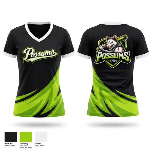 Womens Short Sleeve Vneck Shirt, Possums, Baseball, Teamtime, Team time, sublimation, custom sports apparel, team uniforms, spirit wear, spiritwear, sports uniforms, custom shirts, team store, custom team store, fundraiser sports, apparel fundraiser