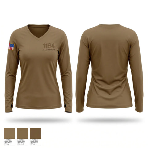 Womens Long Sleeve Vneck Shirt, 1-184 A co infantry, National Guard, Teamtime, Team time, sublimation, custom sports apparel, team uniforms, spirit wear, spiritwear, sports uniforms, custom shirts, team store, custom team store, fundraiser sports, apparel fundraiser