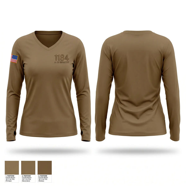 Womens Long Sleeve Vneck Shirt, 1-184 A co infantry, National Guard, Teamtime, Team time, sublimation, custom sports apparel, team uniforms, spirit wear, spiritwear, sports uniforms, custom shirts, team store, custom team store, fundraiser sports, apparel fundraiser