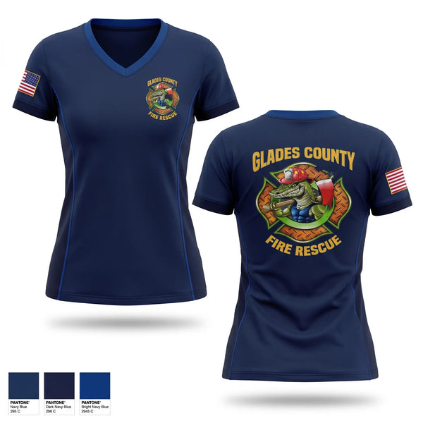 Womens Short Sleeve Vneck Shirt, Glades County Fire Rescue, Fire Department, Teamtime, Team time, sublimation, custom sports apparel, team uniforms, spirit wear, spiritwear, sports uniforms, custom shirts, team store, custom team store, fundraiser sports, apparel fundraiser