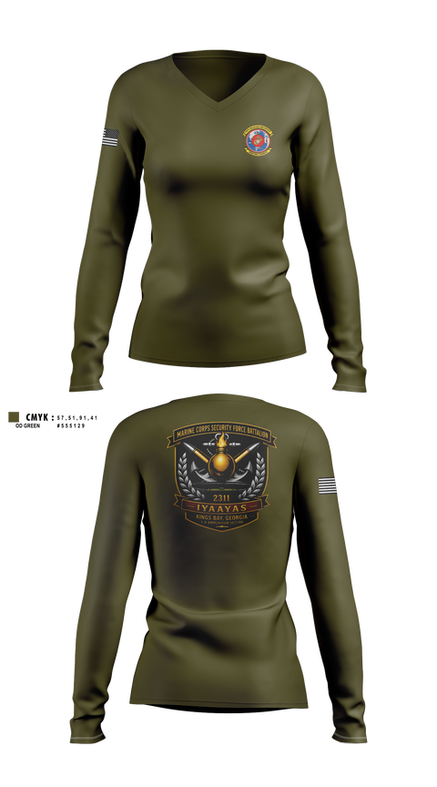 Womens Long Sleeve Vneck Shirt, Marine Corps Security Force Battalion Kings Bay, Marines, Teamtime, Team time, sublimation, custom sports apparel, team uniforms, spirit wear, spiritwear, sports uniforms, custom shirts, team store, custom team store, fundraiser sports, apparel fundraiser