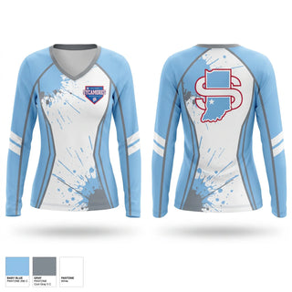 Womens Long Sleeve Vneck Shirt, Indiana Jr Sycamores, Baseball, Teamtime, Team time, sublimation, custom sports apparel, team uniforms, spirit wear, spiritwear, sports uniforms, custom shirts, team store, custom team store, fundraiser sports, apparel fundraiser