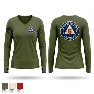 Womens Long Sleeve Vneck Shirt, EMA Task Force 6, Fire Department, Teamtime, Team time, sublimation, custom sports apparel, team uniforms, spirit wear, spiritwear, sports uniforms, custom shirts, team store, custom team store, fundraiser sports, apparel fundraiser