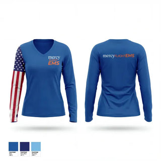 Womens Long Sleeve Vneck Shirt, Mercy Flight, EMS/EMT, Teamtime, Team time, sublimation, custom sports apparel, team uniforms, spirit wear, spiritwear, sports uniforms, custom shirts, team store, custom team store, fundraiser sports, apparel fundraiser