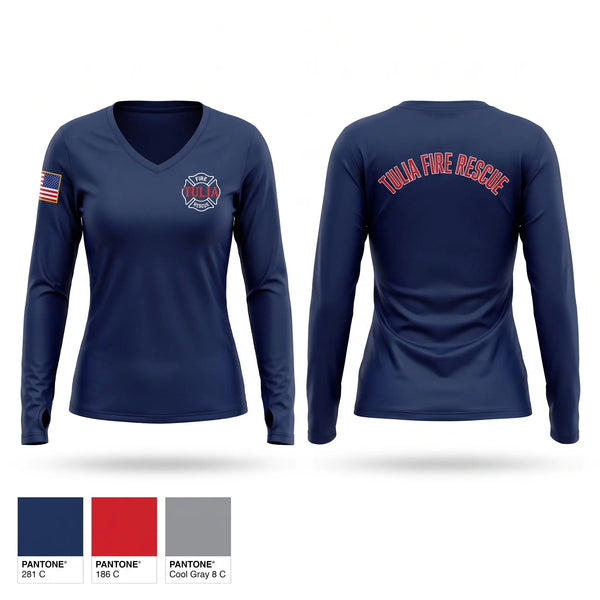 Womens Long Sleeve Vneck Shirt, Tulia Fire Department, Fire Department, Teamtime, Team time, sublimation, custom sports apparel, team uniforms, spirit wear, spiritwear, sports uniforms, custom shirts, team store, custom team store, fundraiser sports, apparel fundraiser