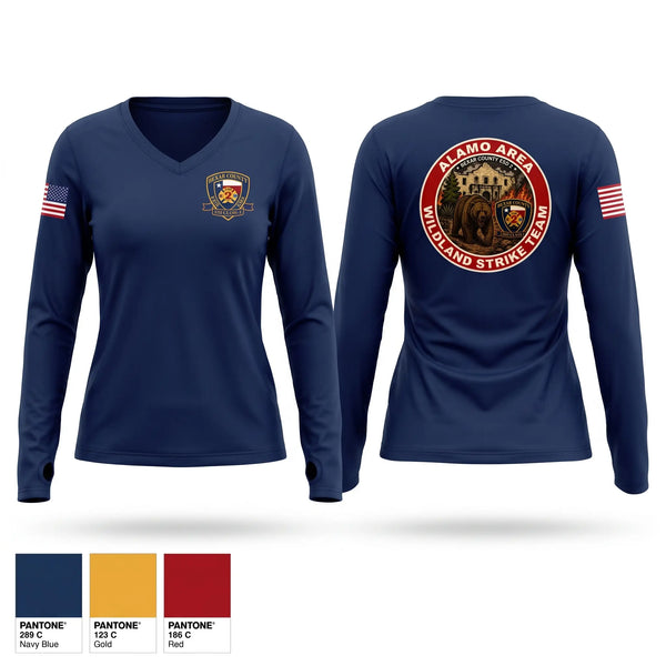 Womens Long Sleeve Vneck Shirt, Bexar county wildland, Fire Department, Teamtime, Team time, sublimation, custom sports apparel, team uniforms, spirit wear, spiritwear, sports uniforms, custom shirts, team store, custom team store, fundraiser sports, apparel fundraiser
