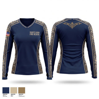 Womens Long Sleeve Vneck Shirt, Granite Canon Fire Rescue, Fire Department, Teamtime, Team time, sublimation, custom sports apparel, team uniforms, spirit wear, spiritwear, sports uniforms, custom shirts, team store, custom team store, fundraiser sports, apparel fundraiser