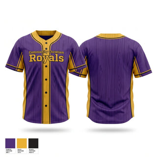 Full Button Baseball Jersey, Community Christian Royals, Baseball, Teamtime, Team time, sublimation, custom sports apparel, team uniforms, spirit wear, spiritwear, sports uniforms, custom shirts, team store, custom team store, fundraiser sports, apparel fundraiser