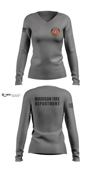 Womens Long Sleeve Vneck Shirt, Madison Fire Department, Fire Department, Teamtime, Team time, sublimation, custom sports apparel, team uniforms, spirit wear, spiritwear, sports uniforms, custom shirts, team store, custom team store, fundraiser sports, apparel fundraiser