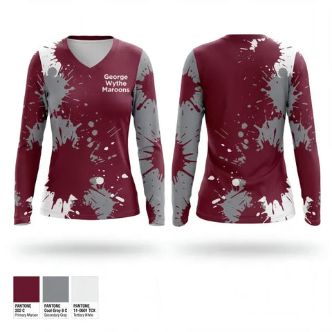 Womens Long Sleeve Vneck Shirt, George Wythe Maroons, Men's Basketball, Teamtime, Team time, sublimation, custom sports apparel, team uniforms, spirit wear, spiritwear, sports uniforms, custom shirts, team store, custom team store, fundraiser sports, apparel fundraiser