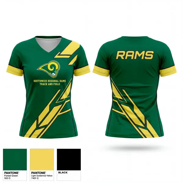 Womens Short Sleeve Vneck Shirt, Southwick Regional Rams, Track & Field, Teamtime, Team time, sublimation, custom sports apparel, team uniforms, spirit wear, spiritwear, sports uniforms, custom shirts, team store, custom team store, fundraiser sports, apparel fundraiser
