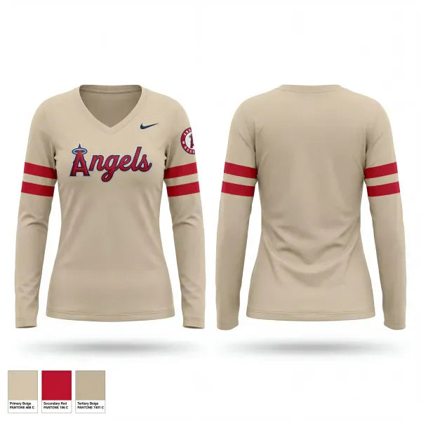 Womens Long Sleeve Vneck Shirt, Angels, Baseball, Teamtime, Team time, sublimation, custom sports apparel, team uniforms, spirit wear, spiritwear, sports uniforms, custom shirts, team store, custom team store, fundraiser sports, apparel fundraiser