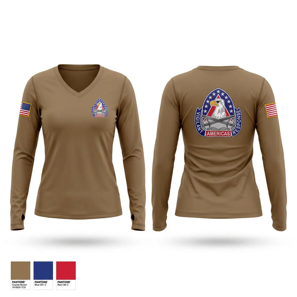Womens Long Sleeve Vneck Shirt, 410th Contracting Support Brigade, Army, Teamtime, Team time, sublimation, custom sports apparel, team uniforms, spirit wear, spiritwear, sports uniforms, custom shirts, team store, custom team store, fundraiser sports, apparel fundraiser