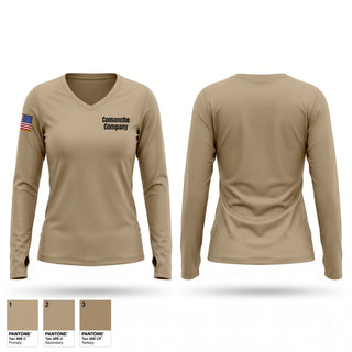 Womens Long Sleeve Vneck Shirt, Comanche Company, Army, Teamtime, Team time, sublimation, custom sports apparel, team uniforms, spirit wear, spiritwear, sports uniforms, custom shirts, team store, custom team store, fundraiser sports, apparel fundraiser