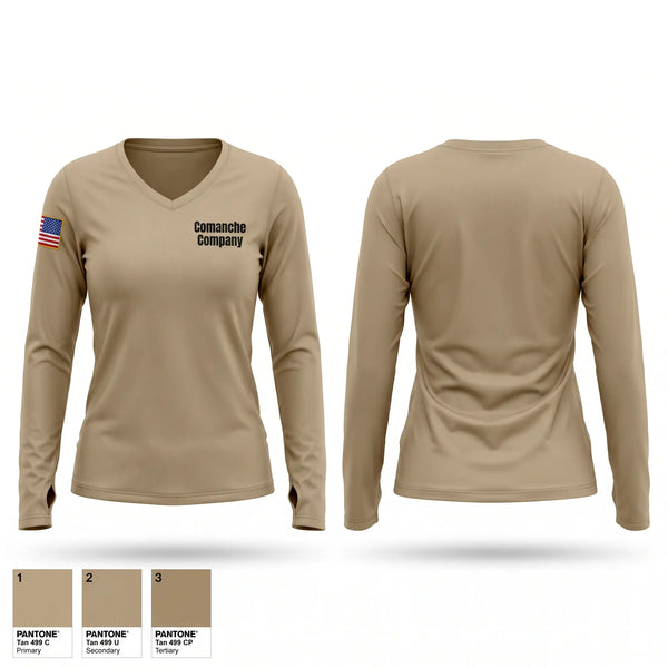 Womens Long Sleeve Vneck Shirt, Comanche Company, Army, Teamtime, Team time, sublimation, custom sports apparel, team uniforms, spirit wear, spiritwear, sports uniforms, custom shirts, team store, custom team store, fundraiser sports, apparel fundraiser