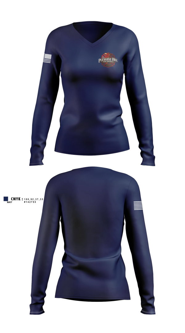 Womens Long Sleeve Vneck Shirt, Pleasant Hill Fire District, Fire Department, Teamtime, Team time, sublimation, custom sports apparel, team uniforms, spirit wear, spiritwear, sports uniforms, custom shirts, team store, custom team store, fundraiser sports, apparel fundraiser