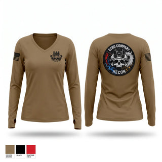 Womens Long Sleeve Vneck Shirt, ECHO COMPANY, 3-60TH IN, Army, Teamtime, Team time, sublimation, custom sports apparel, team uniforms, spirit wear, spiritwear, sports uniforms, custom shirts, team store, custom team store, fundraiser sports, apparel fundraiser