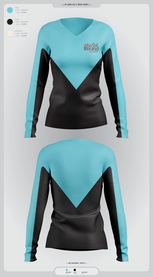 Womens Long Sleeve Vneck Shirt, Aerial Bound Athletics, Spirit Store, Teamtime, Team time, sublimation, custom sports apparel, team uniforms, spirit wear, spiritwear, sports uniforms, custom shirts, team store, custom team store, fundraiser sports, apparel fundraiser