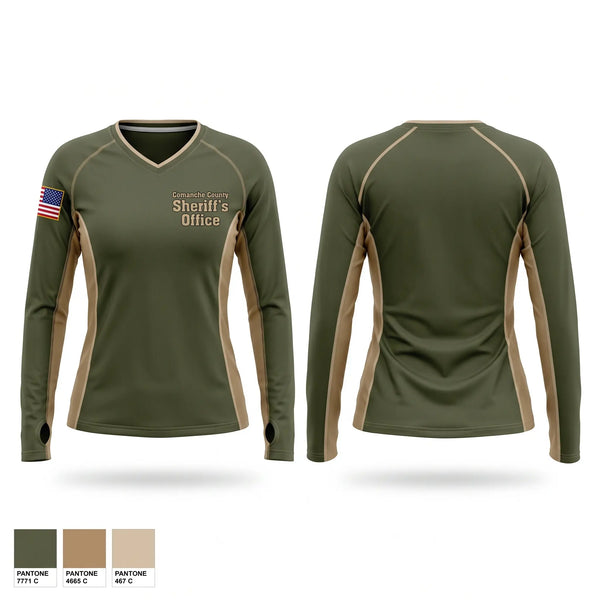 Womens Long Sleeve Vneck Shirt, Comanche County Sheriffs Office, Police, Teamtime, Team time, sublimation, custom sports apparel, team uniforms, spirit wear, spiritwear, sports uniforms, custom shirts, team store, custom team store, fundraiser sports, apparel fundraiser