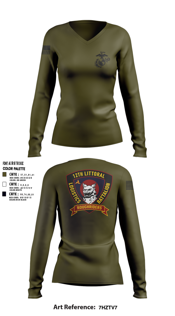 Womens Long Sleeve Vneck Shirt, 12TH LITTORAL LOGISTICS BATTALION, Marines, Teamtime, Team time, sublimation, custom sports apparel, team uniforms, spirit wear, spiritwear, sports uniforms, custom shirts, team store, custom team store, fundraiser sports, apparel fundraiser