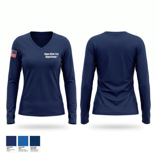 Womens Long Sleeve Vneck Shirt, Napa State Fire Department, Fire Department, Teamtime, Team time, sublimation, custom sports apparel, team uniforms, spirit wear, spiritwear, sports uniforms, custom shirts, team store, custom team store, fundraiser sports, apparel fundraiser