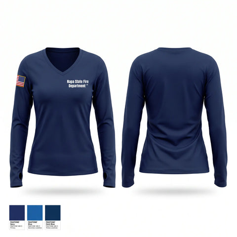 Womens Long Sleeve Vneck Shirt, Napa State Fire Department, Fire Department, Teamtime, Team time, sublimation, custom sports apparel, team uniforms, spirit wear, spiritwear, sports uniforms, custom shirts, team store, custom team store, fundraiser sports, apparel fundraiser